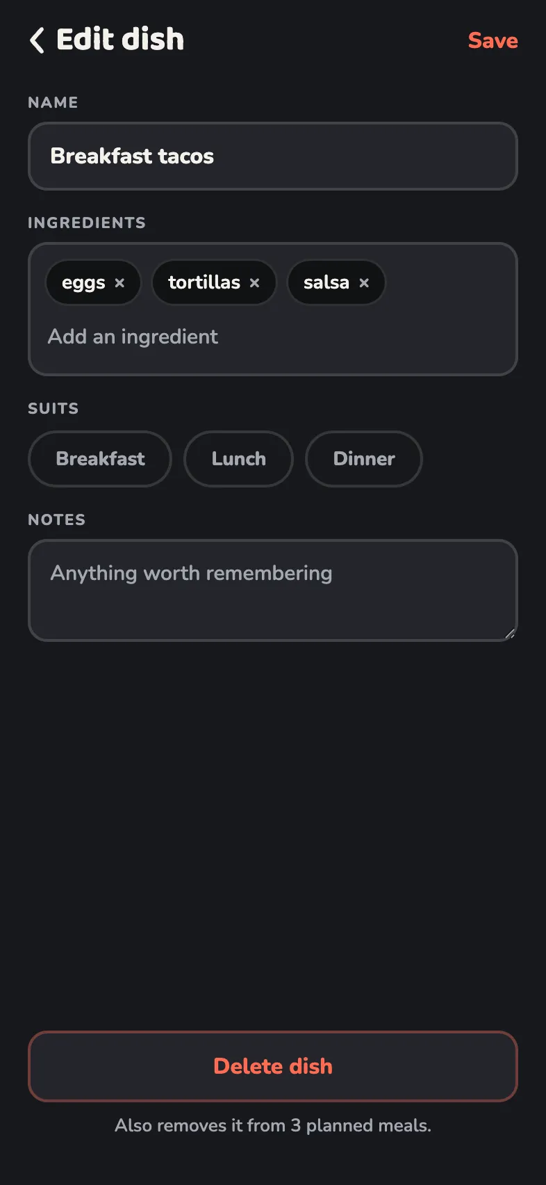 The dish editor: a dish named in your own words with its supplies as chips