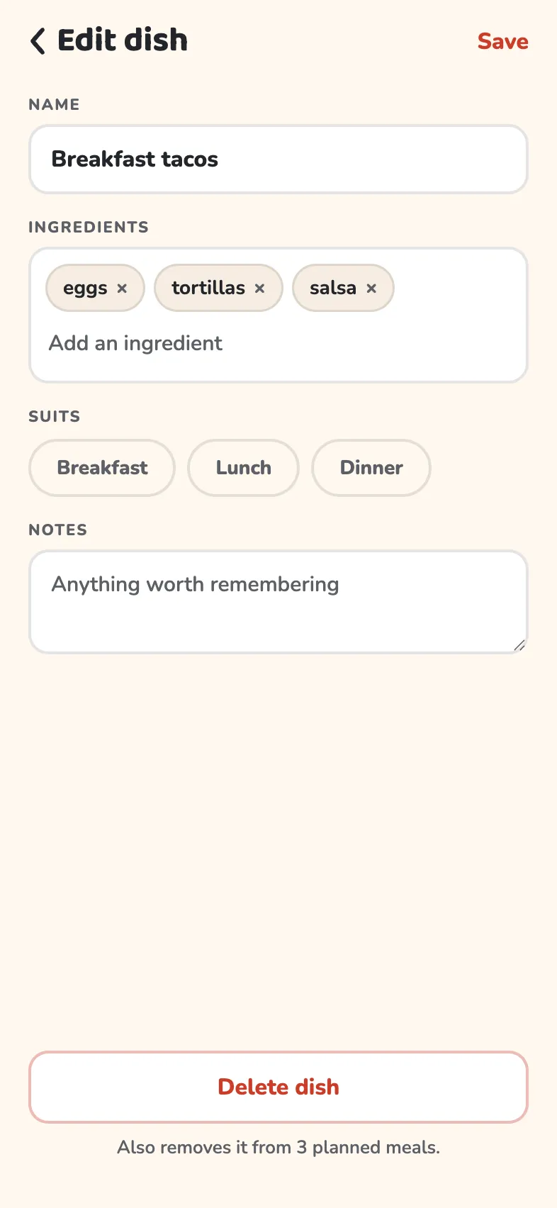 The dish editor: a dish named in your own words with its supplies as chips