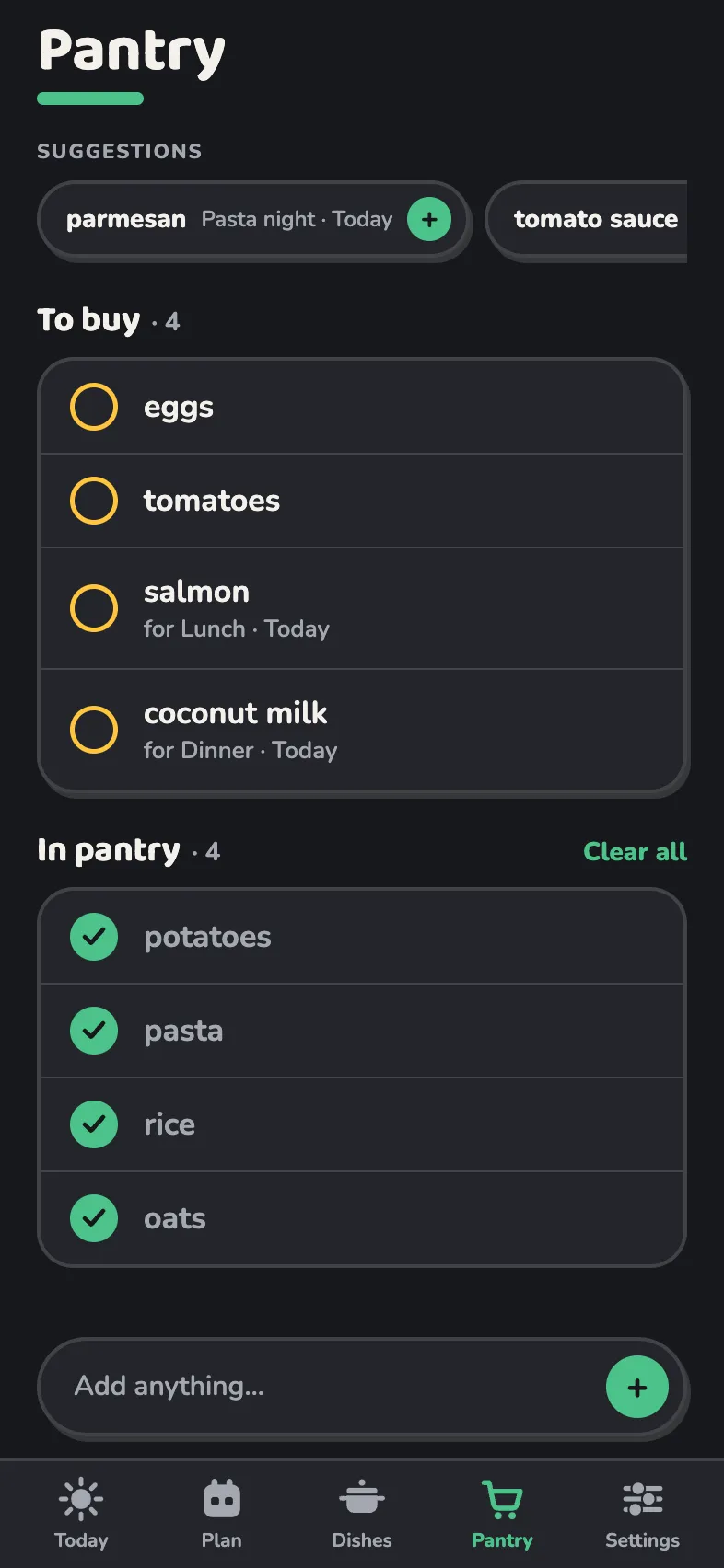 The Pantry screen: the shopping list with To buy and In pantry