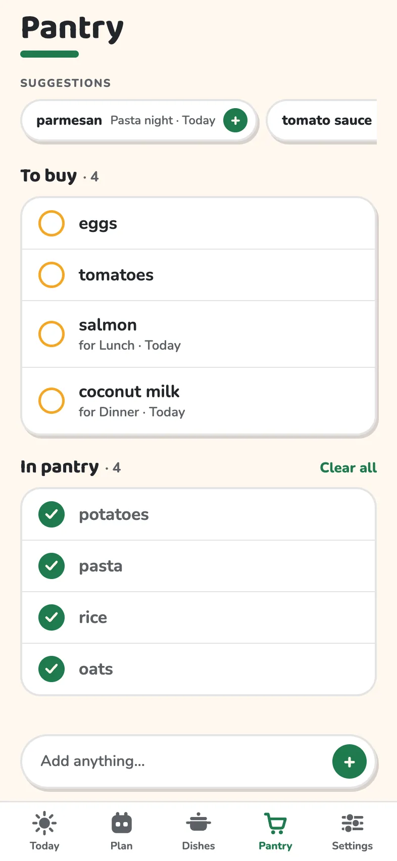 The Pantry screen: the shopping list with To buy and In pantry