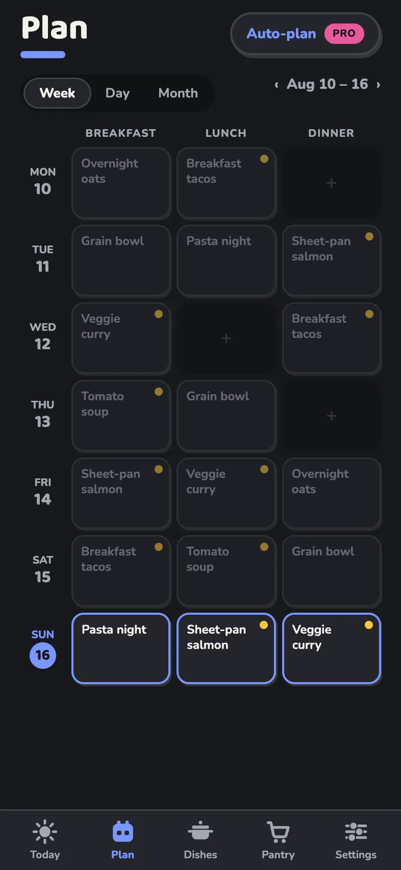 The Plan screen: a week grid of meals, some slots still open