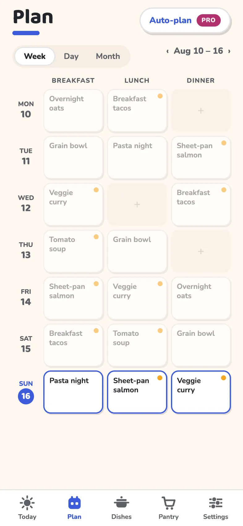 The Plan screen: a week grid of meals, some slots still open