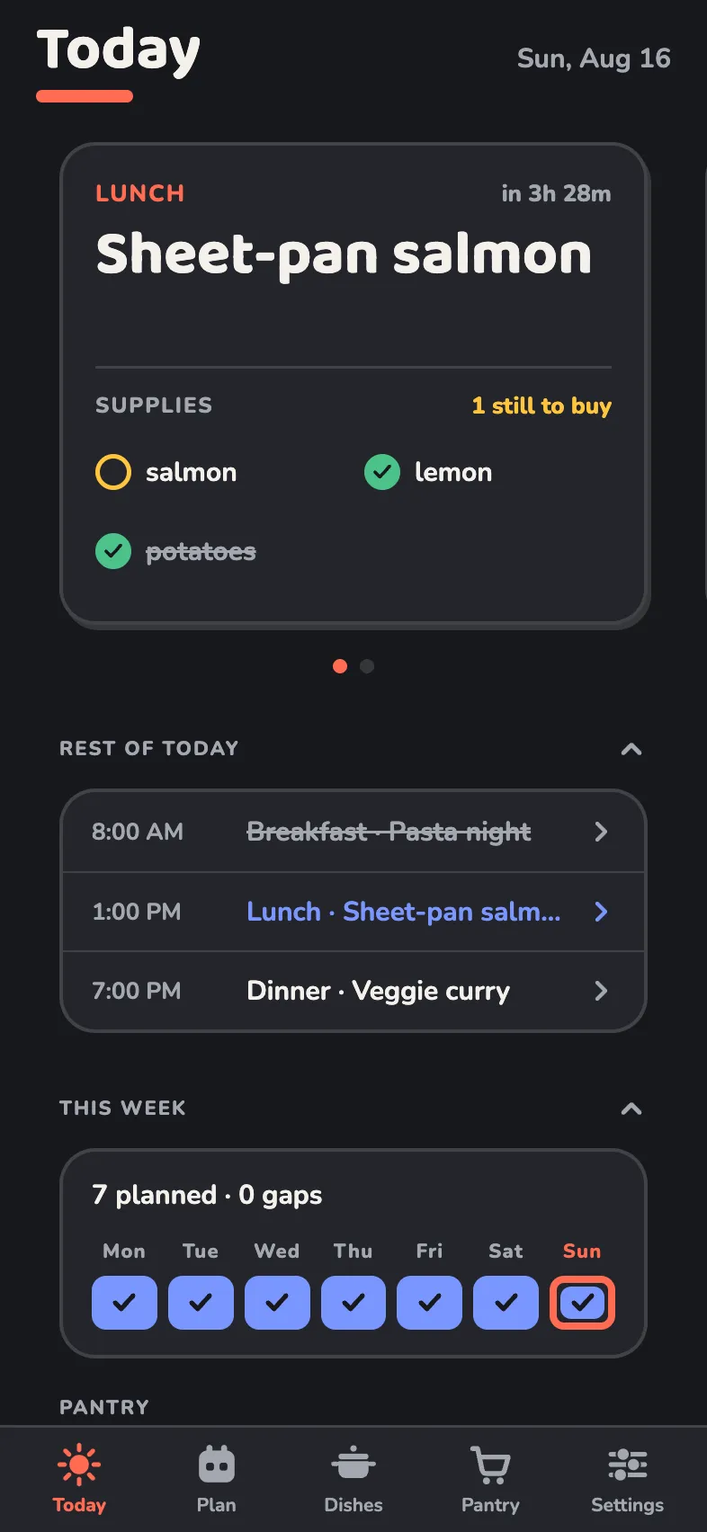 The Today screen: the next meal on a big card with its supplies checklist