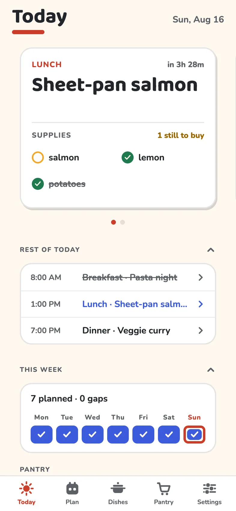 The Today screen: the next meal on a big card with its supplies checklist